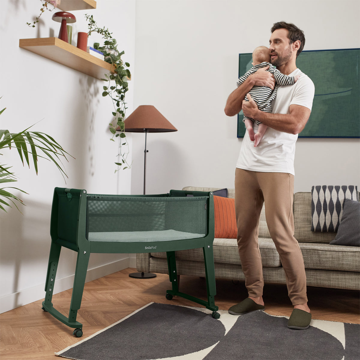 SnuzPod Studio Bedside Crib with mattress - Berlin Green